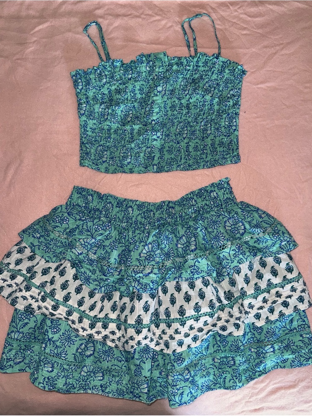 Roller Rabbit Aqua Green Floral Tiered Mini Skirt